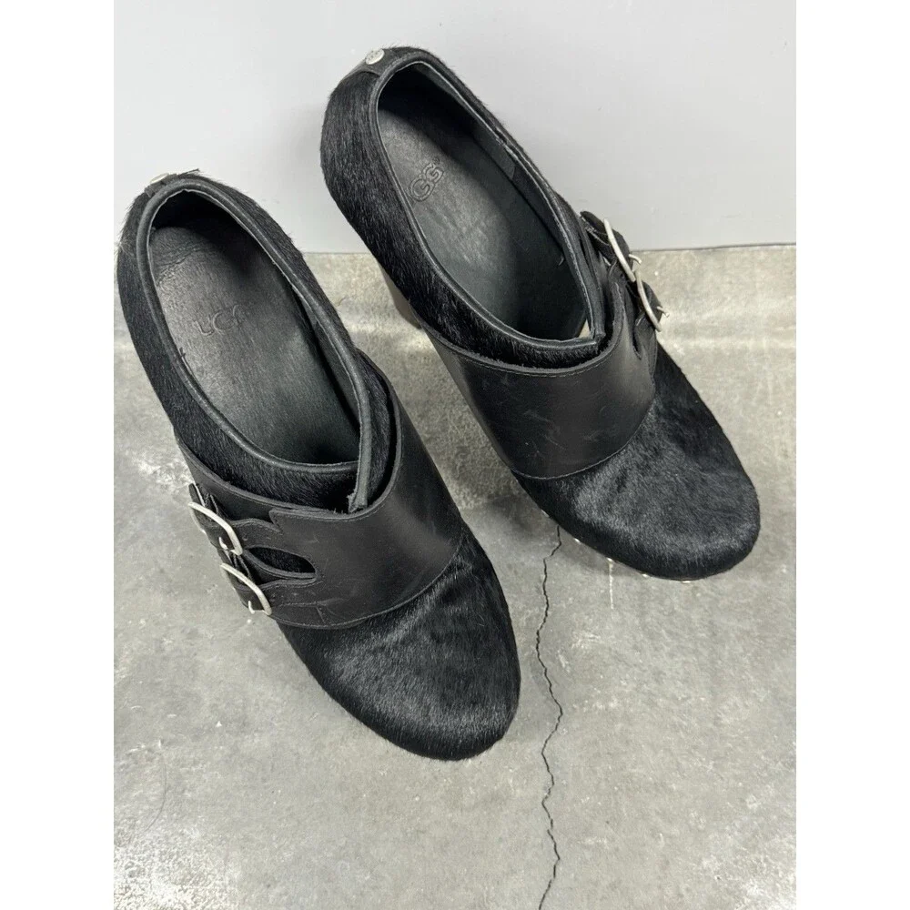 UGG Illana Black Pony Hair Platform High Heel Studded Sherpa Booties Heels   8.5